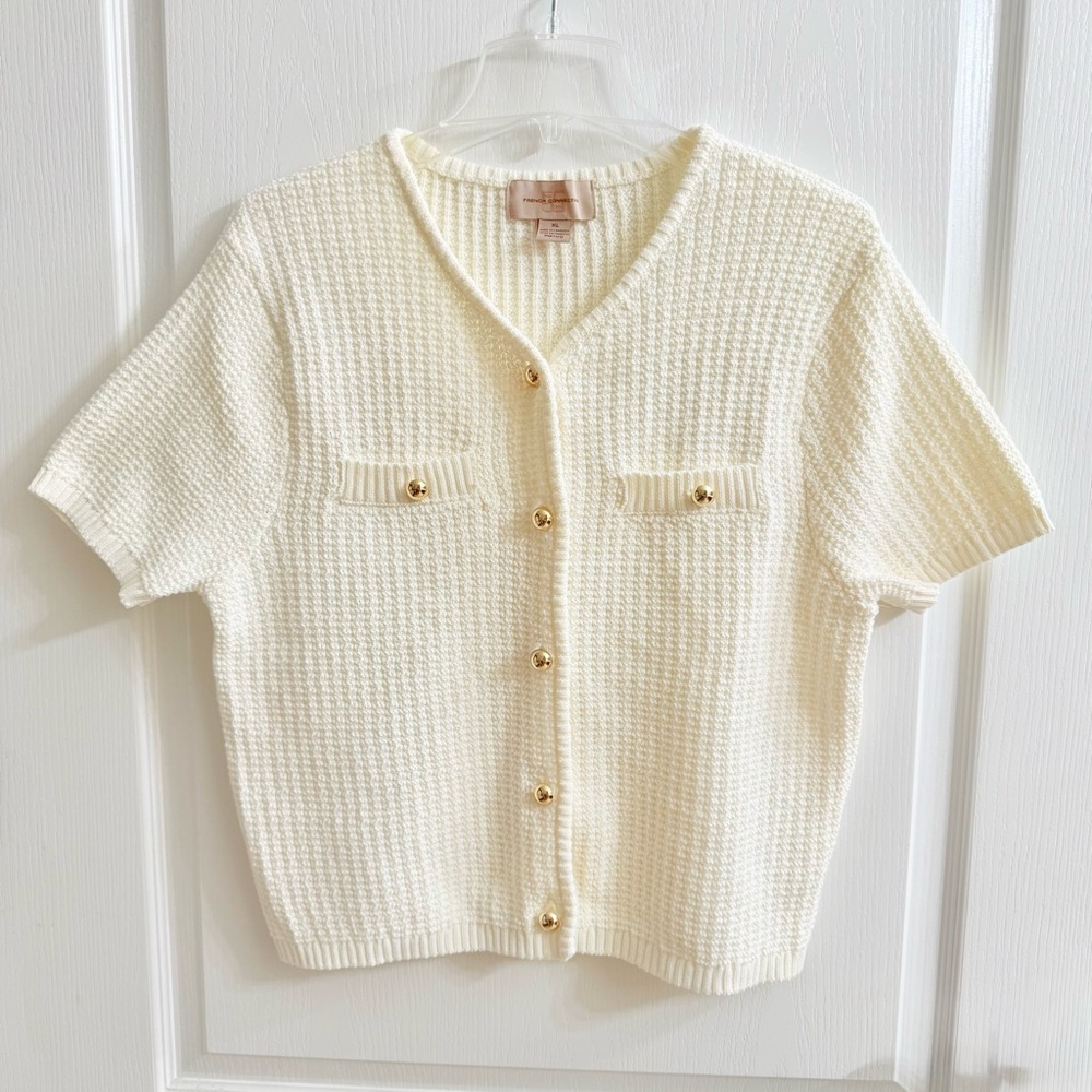 French Connection Cream Short-Sleeve Knit Cardigan with Gold Buttons